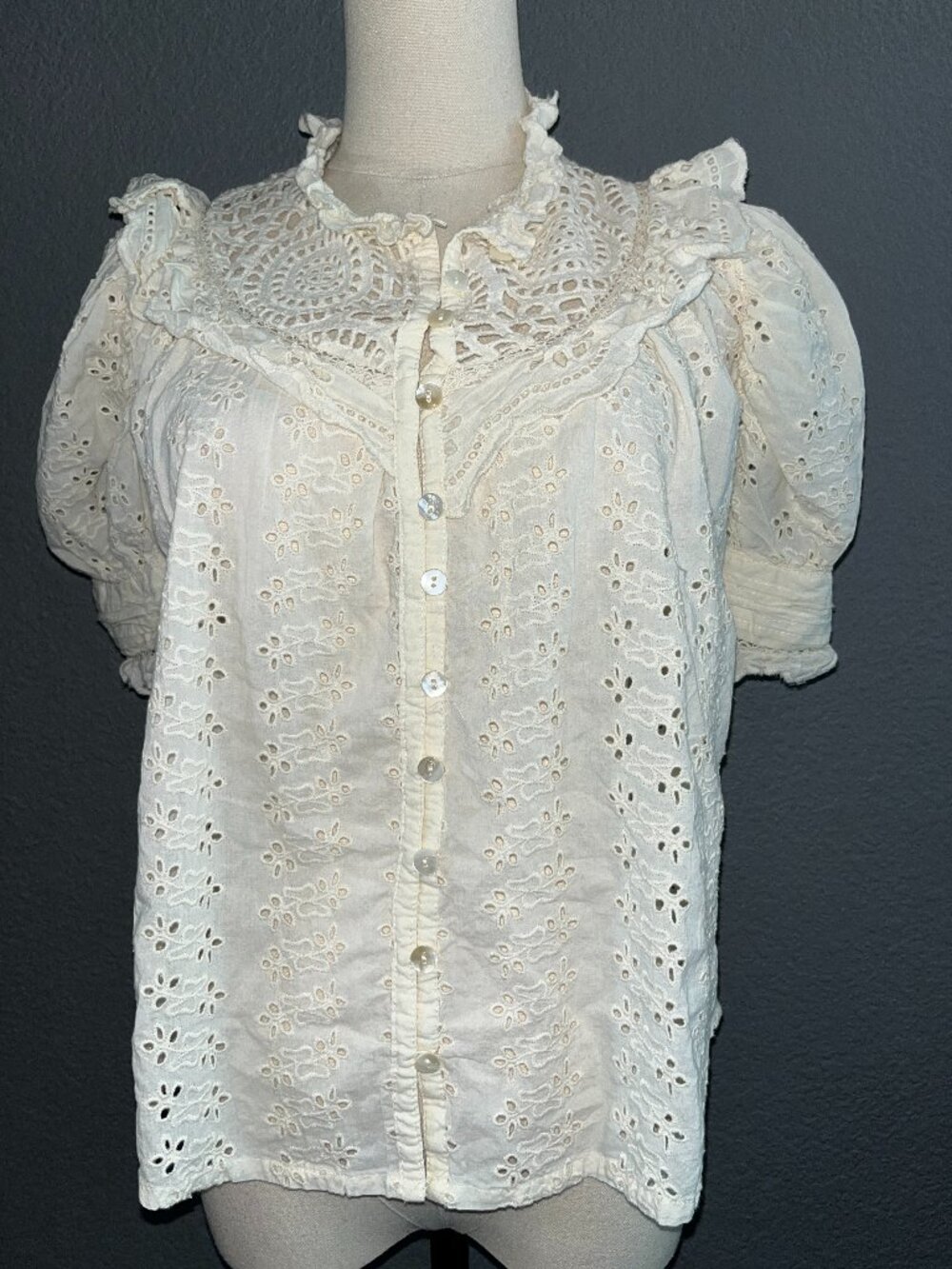 House of Harlow 1960 Crochet & Eyelet Lace Puff Sleeve Baby Doll Top Blouse - XS